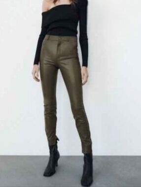 Zara Women's Light Green Faux Leather High Rise Skinny Leggings Size XS